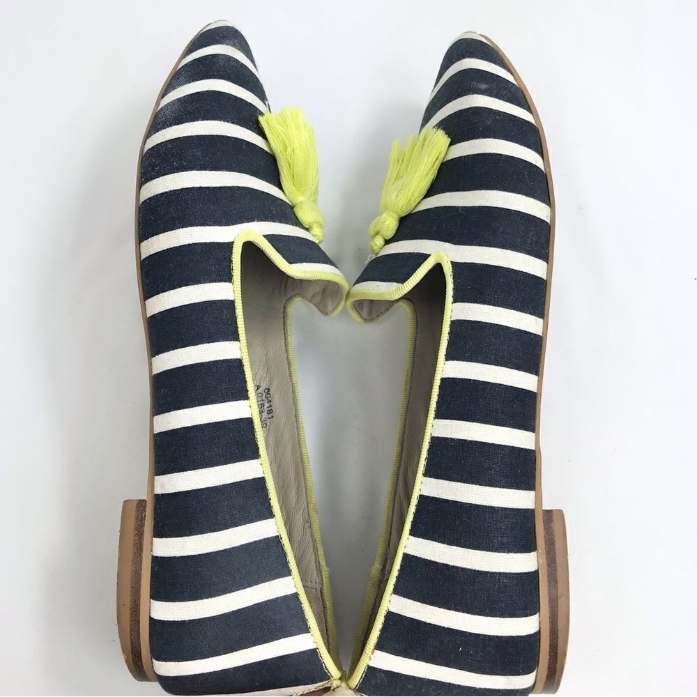 Boden Evelina Navy Blue White Stripe Neon Tassel Slip on Nautical Ballet Flats - Picture 9 of 16